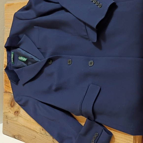 Ralph Lauren Navy Stretch Wool Velvet Collar Long Blazer Jacket Size 10 - Picture 6 of 8